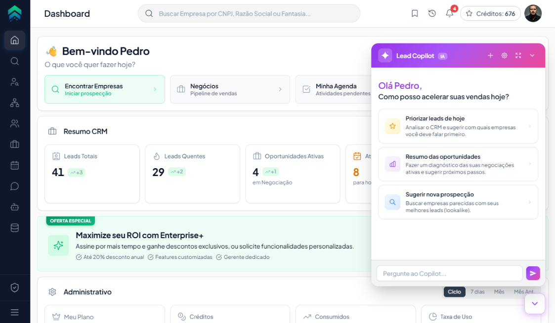 Visão geral do painel da LeadCNPJ, mostrando o CRM B2B integrado com o assistente de inteligência artificial Lead Copilot em funcionamento.