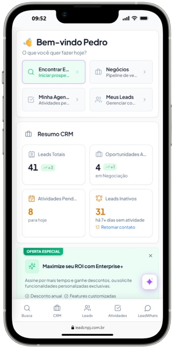 App mobile da LeadCNPJ com dashboard, CRM Kanban e atividades — plataforma de prospecção B2B para equipes comerciais no Brasil.