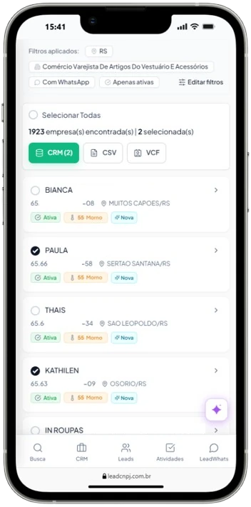 Busca de leads B2B no celular — 67M empresas da Receita Federal filtradas por CNAE, porte e região na LeadCNPJ.